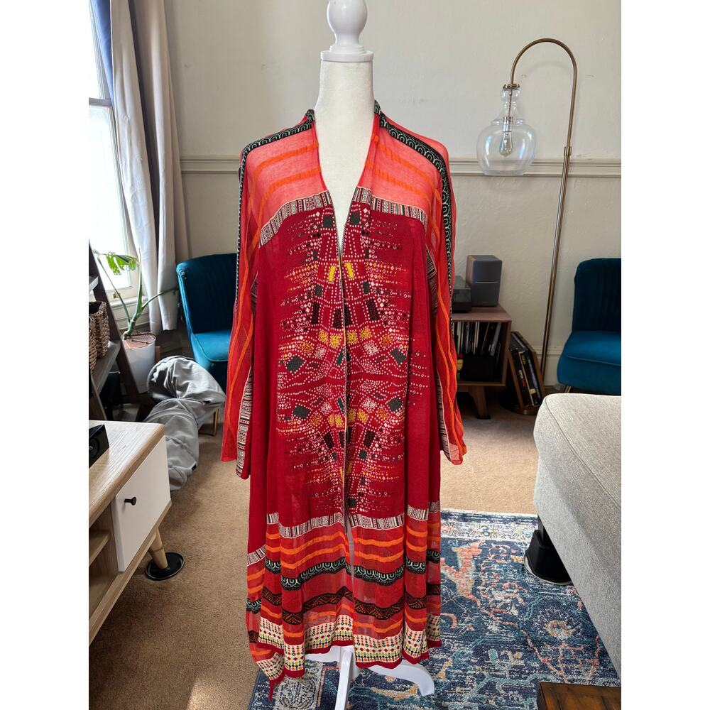 IVKO Woman Red Orange Tribal Print Open Front Kimono Duster Cardigan Size 44/46